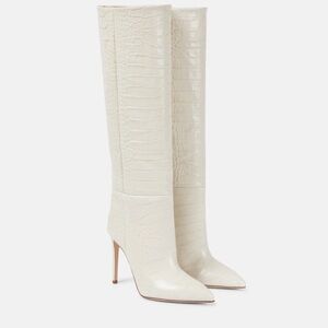 PARIS TEXAS Embossed Croco Bone China Cream Tall Stiletto Boots